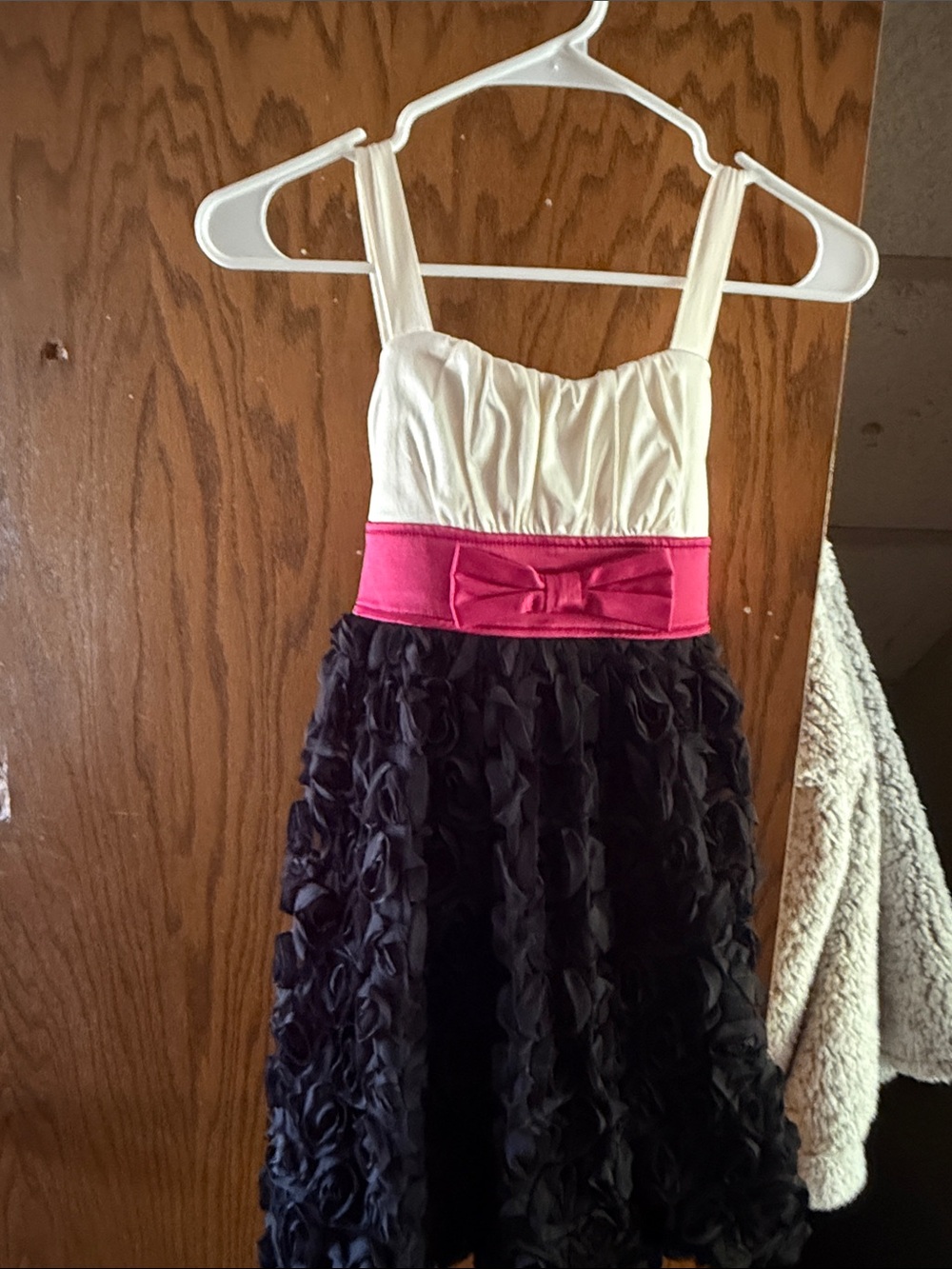 Girls Ivory, Hot Pink & Black Ruffle Dress with Bow Waist